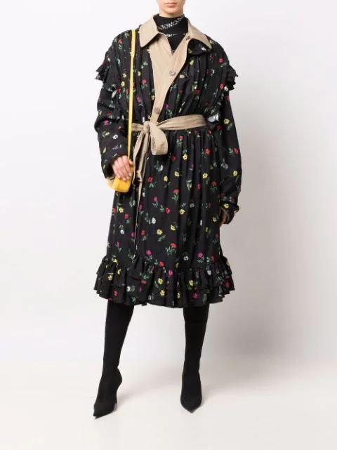 BALENCIAGA Reversible Black Flowers Trench Coat In Multi