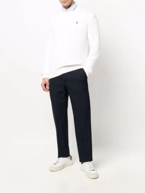 POLO RALPH LAUREN White Cable Knit Crewneck Sweater With Pony Embroidery On The Front In Wool And Cashmere Man In Neutral