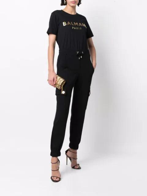 BALMAIN Cotton T-shirt With Gold Colored Logo Print In Black Gold
