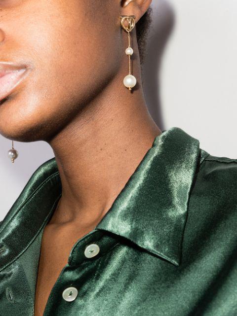 FERRAGAMO Double Pearl Gancini Pendant Earrings In Grey