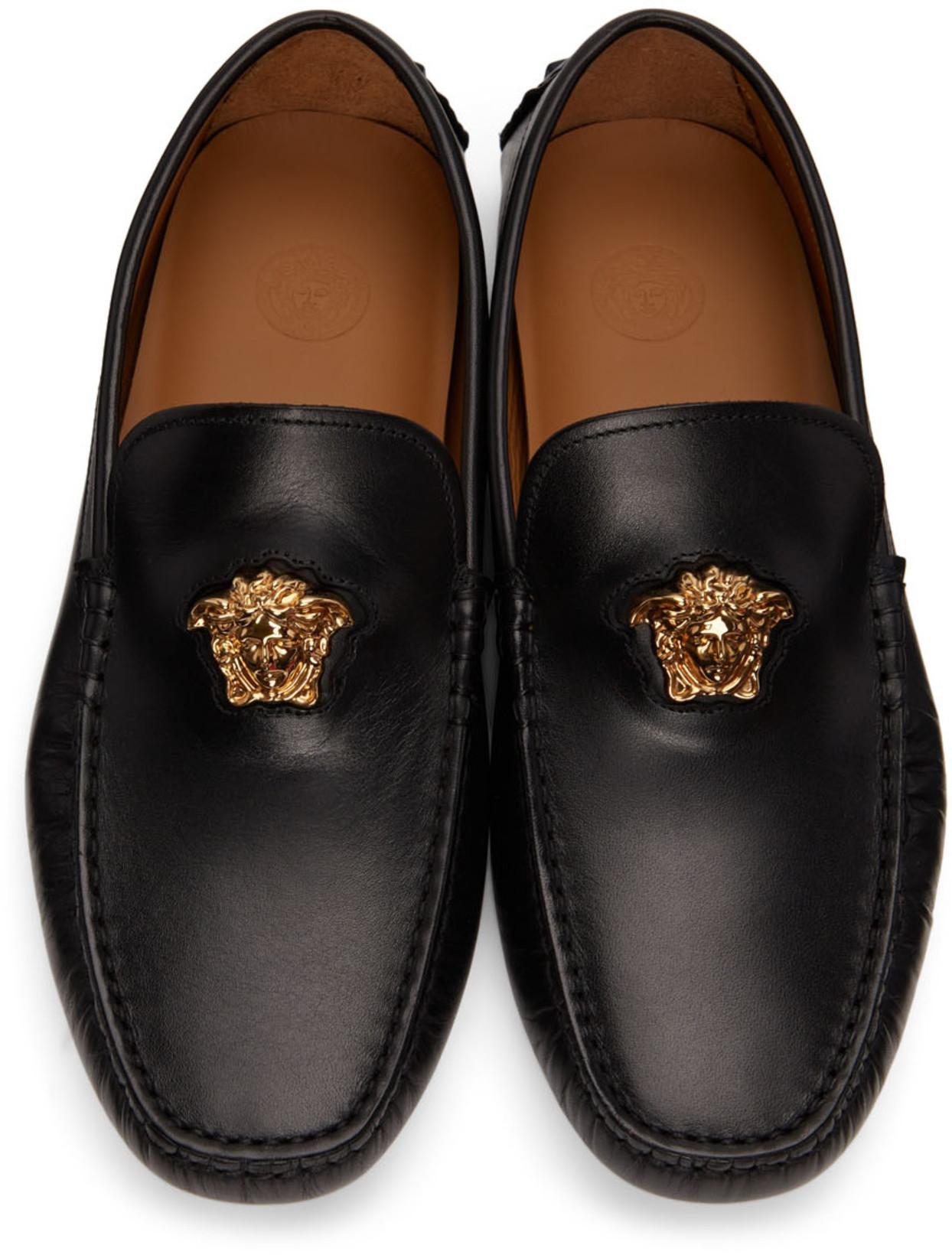 VERSACE Logo Plaque Leather Loafers In Black