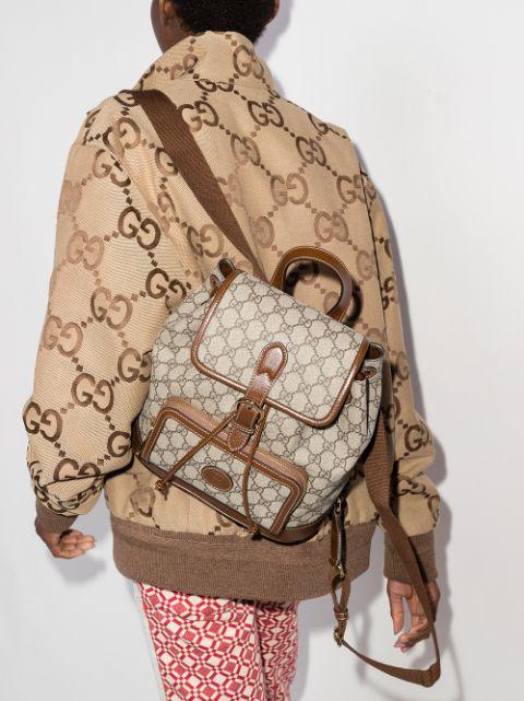 GUCCI Logo-jacquard Leather-trimmed Cotton-blend Canvas Bomber Jacket In Beige