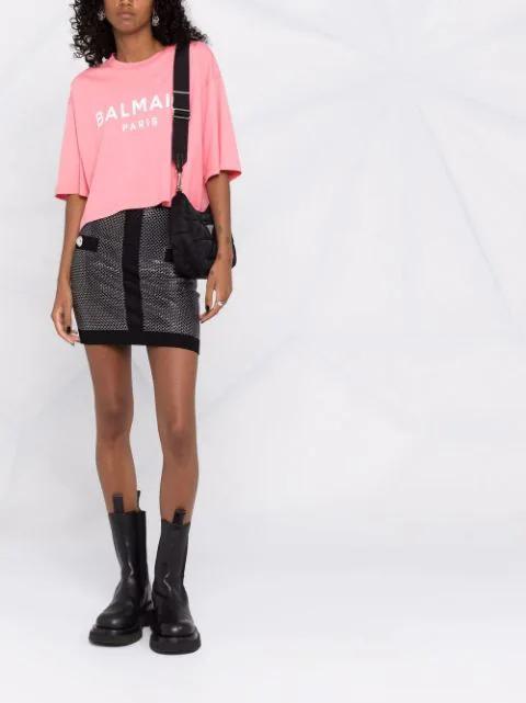 BALMAIN Cropped Logo Screen Print Tee In Pink
