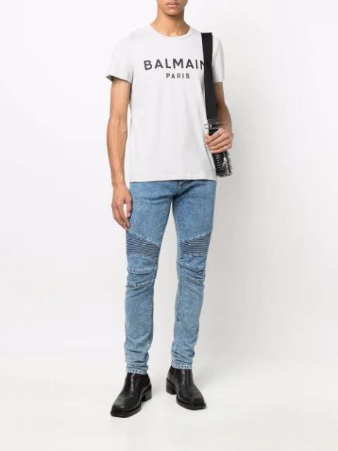 BALMAIN White Crewneck T-shirt With Contrasting Logo Lettering Print In Cotton