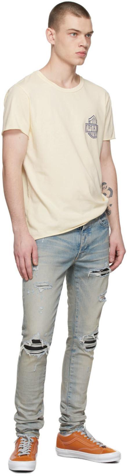AMIRI Mx1' Ribbed Leather Knee Patch Ripped Washed Skinny Jeans In Clayindigo