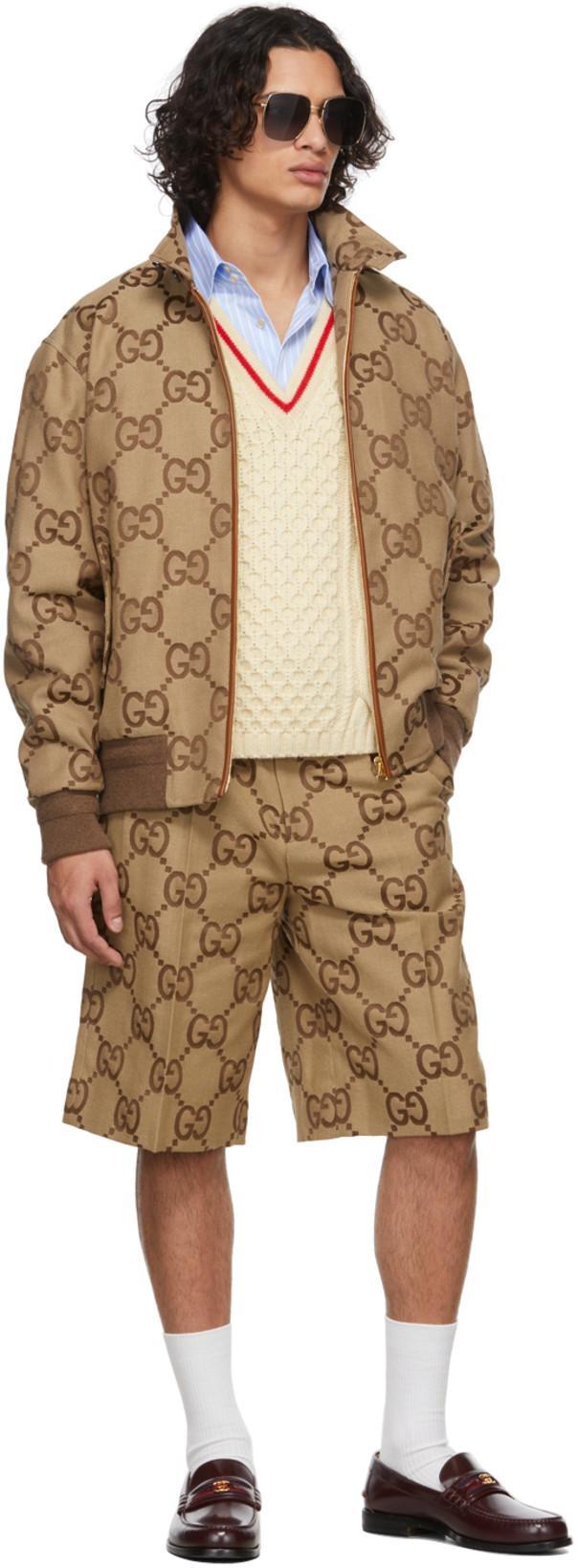 GUCCI Logo-jacquard Leather-trimmed Cotton-blend Canvas Bomber Jacket In Beige
