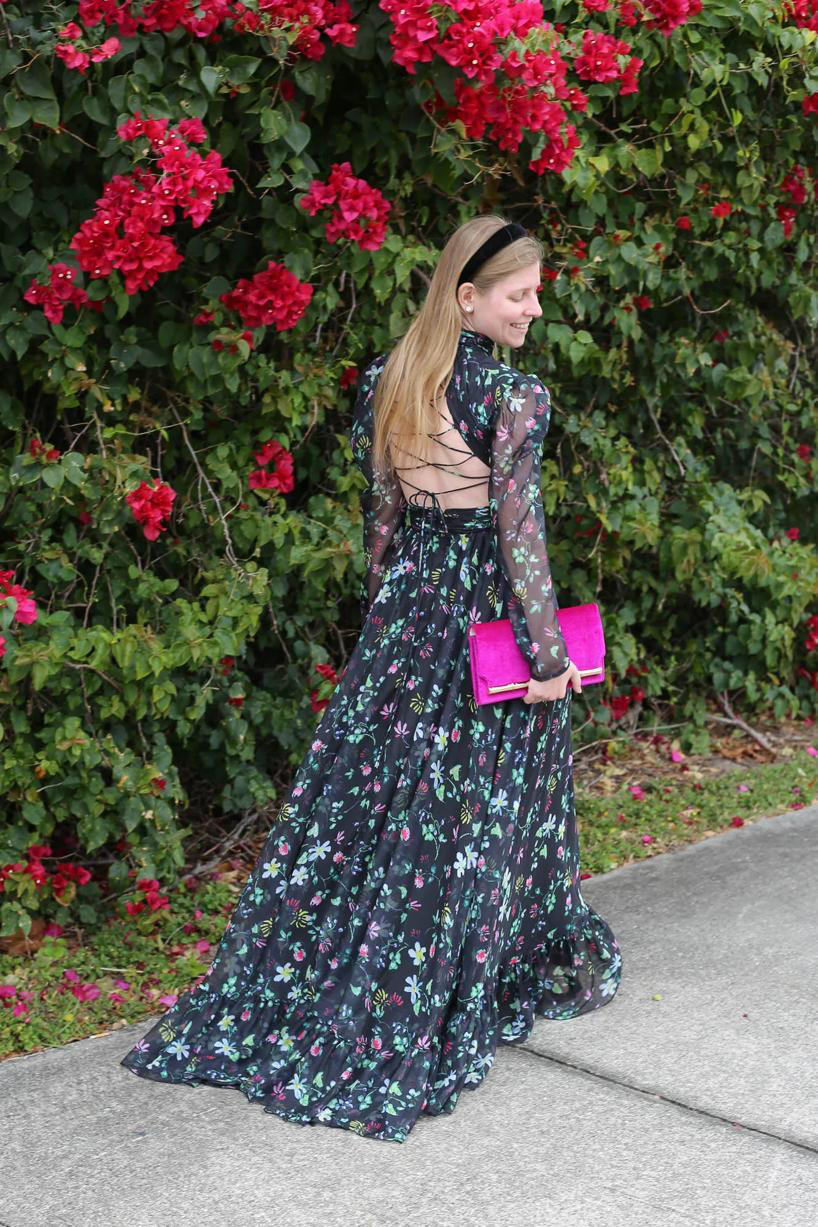 MAC DUGGAL Floral Chiffon High-neck Gown With Sheer Puff Sleeves And Lace-up Cutouts In Black