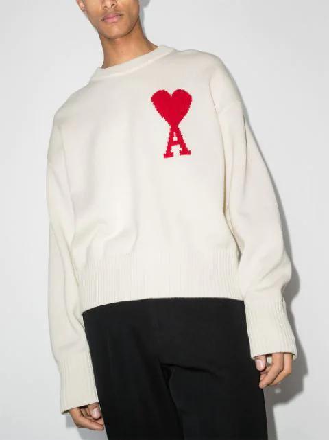 AMI ALEXANDRE MATTIUSSI Ami Paris Ami Heart Design Wool Sweater In Intarsia Knit In White