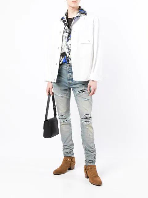 AMIRI Mx1' Ribbed Leather Knee Patch Ripped Washed Skinny Jeans In Clayindigo