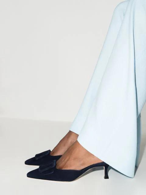 MANOLO BLAHNIK Kitten Heel Mules In Navy Blue Suede
