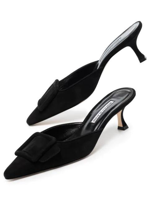 MANOLO BLAHNIK Kitten Heel Mules In Navy Blue Suede