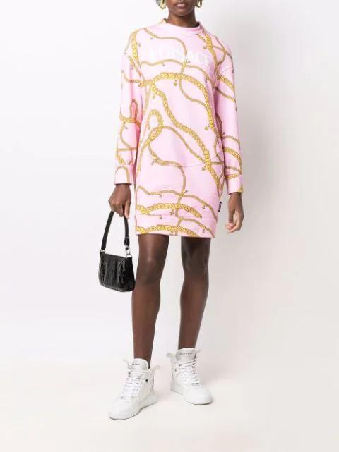 VERSACE Long Sleeve Chain Sweatshirt Dress In Pink