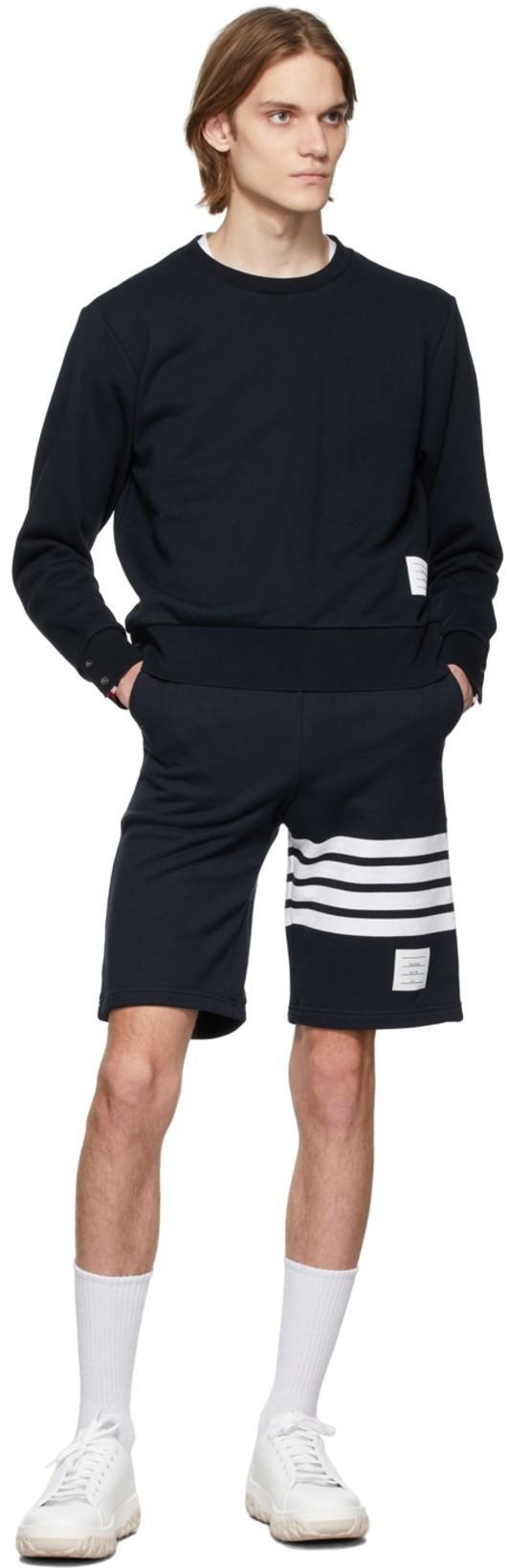 THOM BROWNE Blue Crewneck Sweater With Logo Patch And Rwb Detail In Cotton