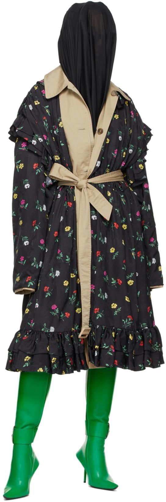 BALENCIAGA Reversible Black Flowers Trench Coat In Multi