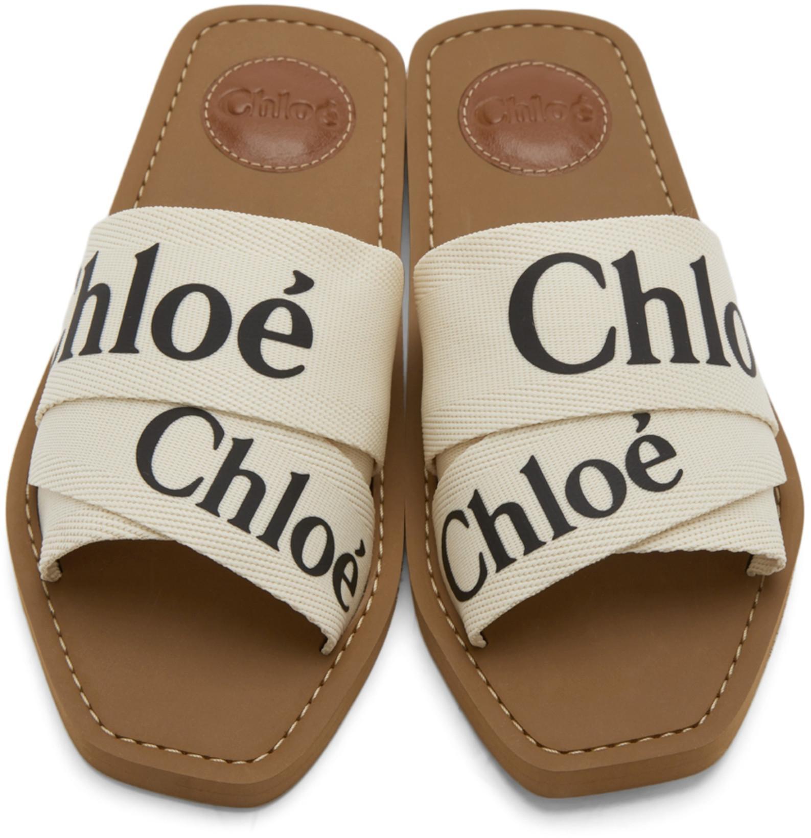CHLOÉ Woody Flat Logo Ribbon Slide Sandals In White