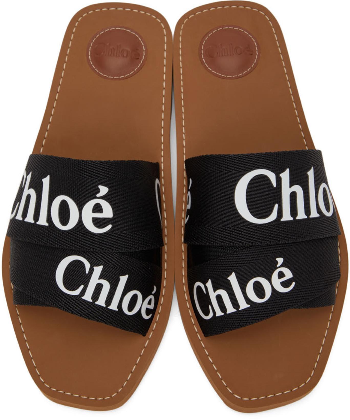 CHLOÉ Chloe Women Black Linen Woody Slippers In Multi