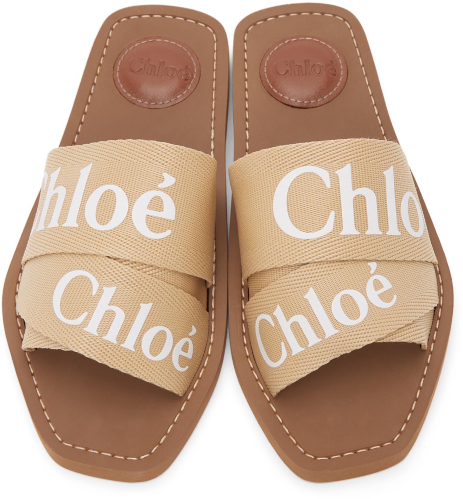 CHLOÉ Woody Embroidery Flat Slides In Gold