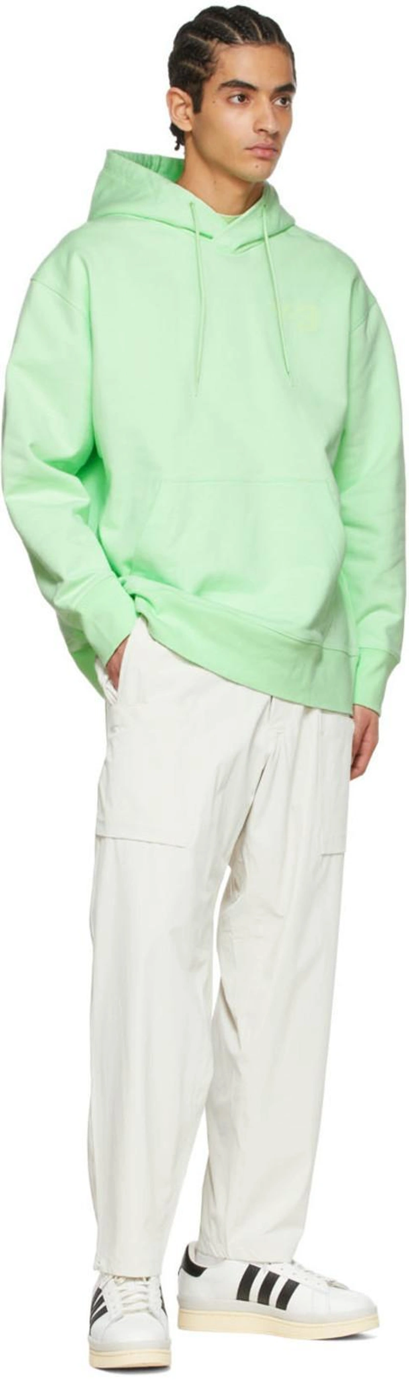SSENSE's Post | 搭配: Y-3 Logo-print Cotton-jersey Hoodie In Green；Y-3 Off-white Nylon Cargo Pants In Talc；Y-3 Off-white Nylon Shirt In Talc
