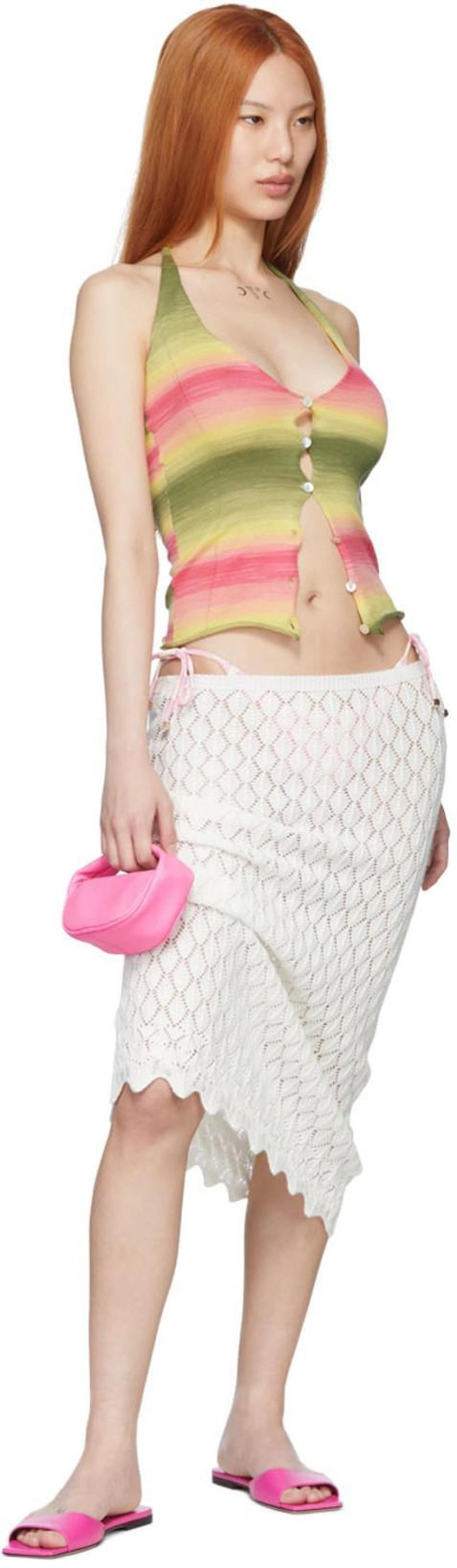 SSENSE's Post | 搭配: Gimaguas White Isola Midi Skirt；Nanushka 格纹系带开合比基尼三角裤 In Pink；Gimaguas Multicolor Coco Camisole In Brown Red Stripes