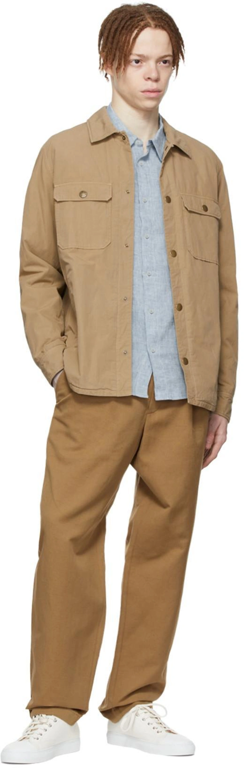 SSENSE's Post | 搭配: Apc Brown Eddy Trousers In Cab Camel；Apc Vincent Logo-emboridered Linen Shirt In Blue；Apc Beige Alex Jacket In Bac Beige Fonce