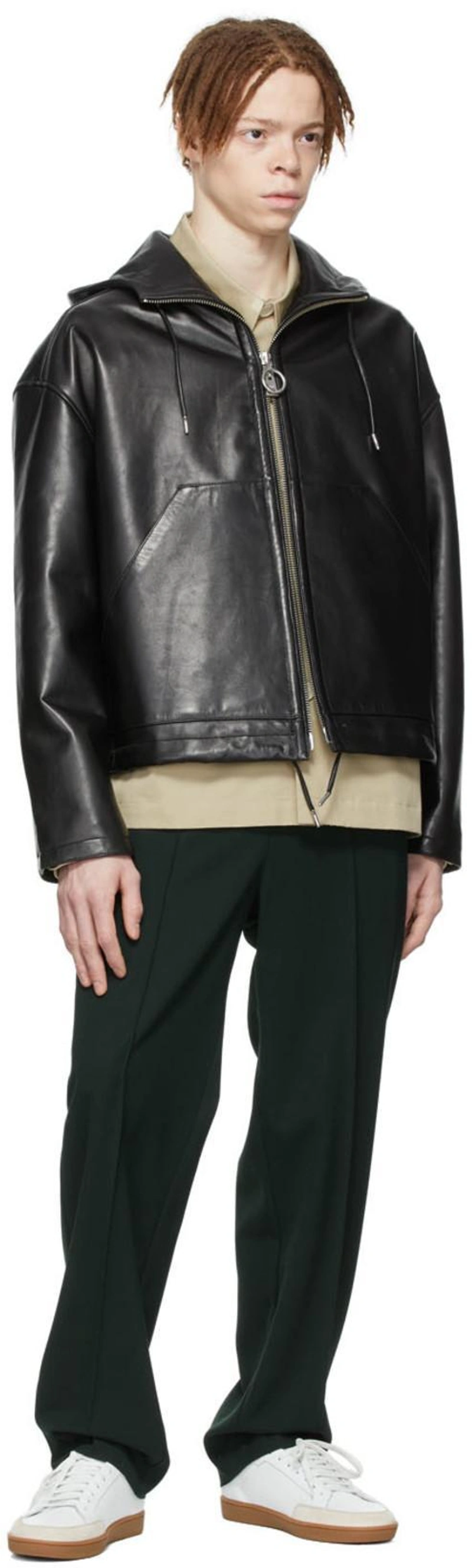 SSENSE's Post | 搭配: Saint Laurent Court Classic Sl10 Sneakers In White；Ami Alexandre Mattiussi Green Polyester Trousers In Evergreen/311；Ami Alexandre Mattiussi Black Leather Jacket In Black/001