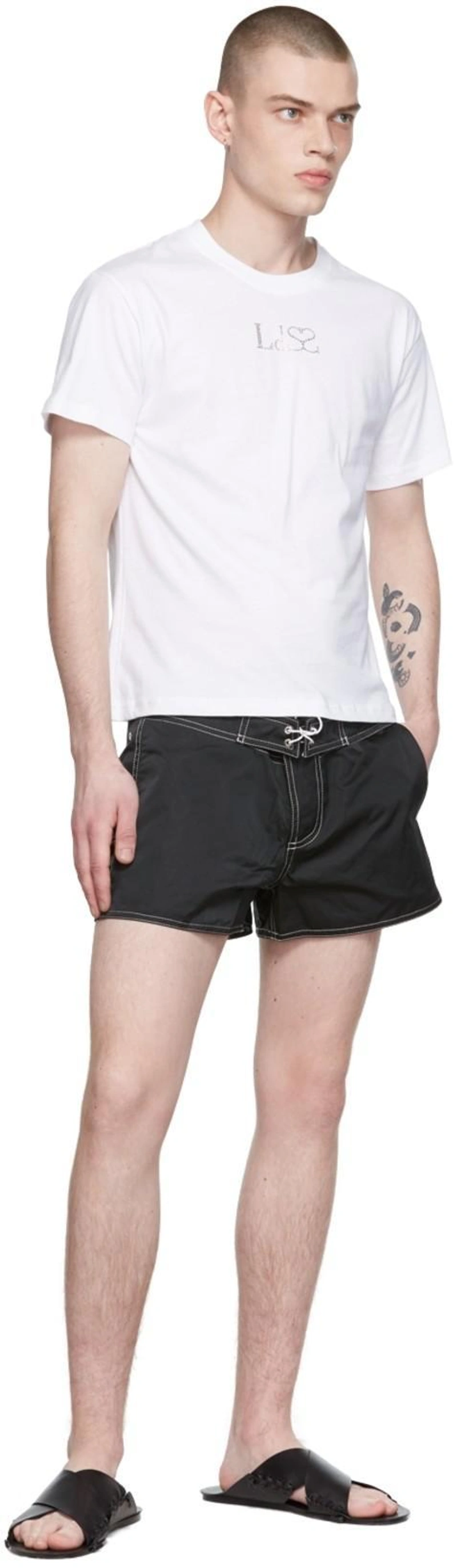 SSENSE's Post | Wearing: Ludovic De Saint Sernin Black Polyester Shorts; Jil Sander Leather Strap Sandals In Black