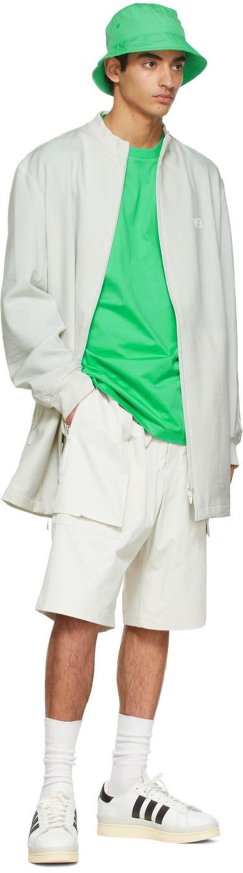 SSENSE's Post | 搭配: Y-3 长袖t恤 In Semi Flash Lime；Y-3 Off-white Nylon Shorts In Talc；Y-3 Gray Polyester Jacket In Orbit Grey