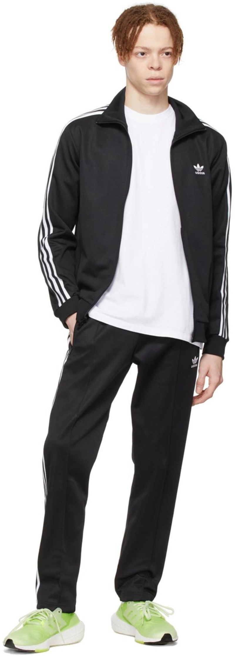 SSENSE's Post | 搭配: Frame Heavyweight Classic Fit Cotton T-shirt In White；Adidas Originals Black Adicolor Classics 3-stripes Track Pants；Adidas Originals Black Adicolor Classics Beckenbauer Primeblue Track Jacket