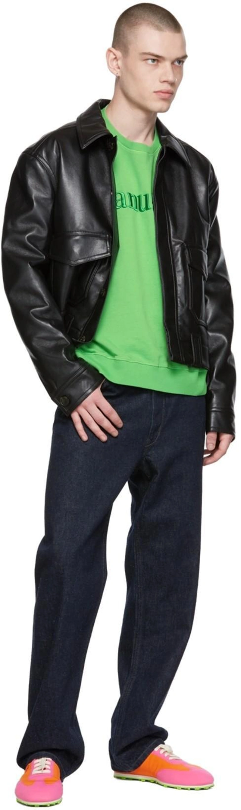 SSENSE's Post | 搭配: Nanushka Green Remy Sweatshirt；Nanushka Regenerated Leather Ruben Jacket In Black；Lemaire Indigo Seamless Jeans In 760 Denim Indigo