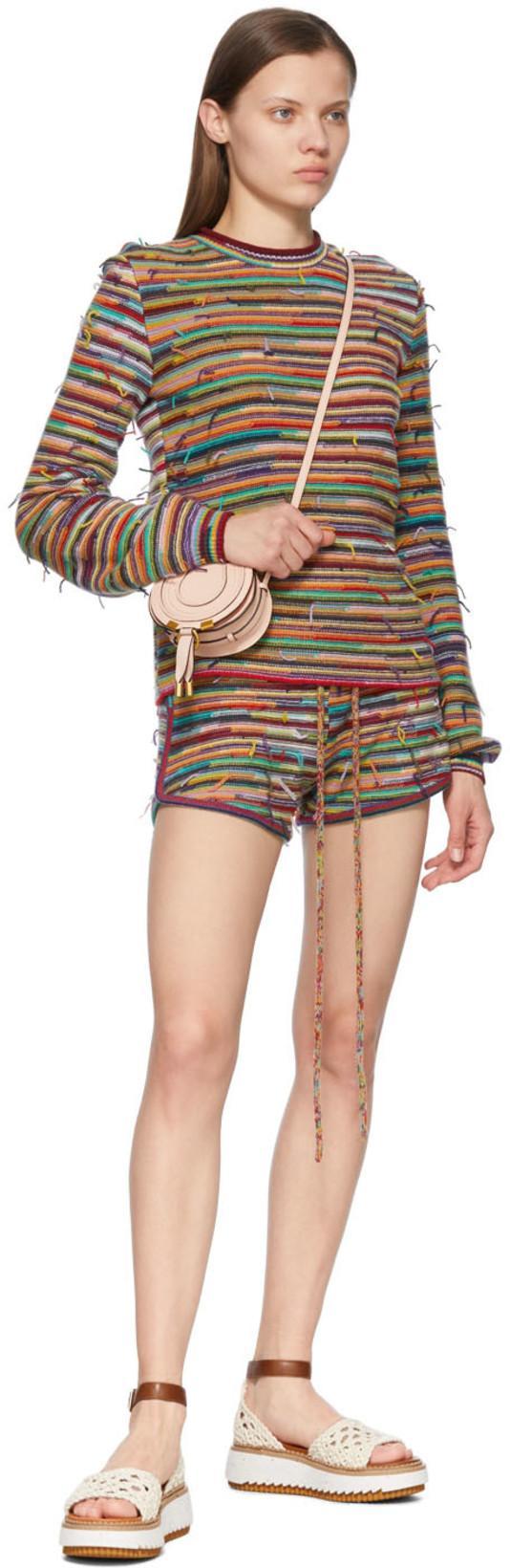 CHLOÉ Frayed Striped Cashmere And Wool-blend Shorts In Multi