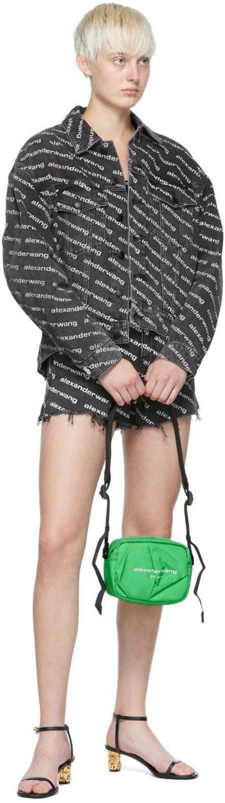 ALEXANDER WANG Omens Grey Aged White Logo-print Bite Denim Shorts In Black