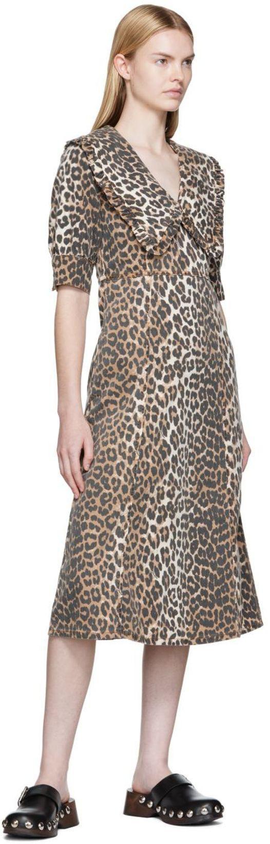 GANNI Leopard Printed Cotton Tie Strap Midi Dress In Brown