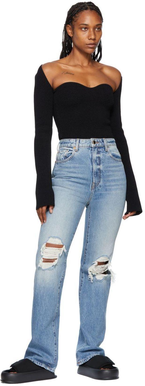 KHAITE Maddy Ribbed Sweetheart Neckline Top In Black