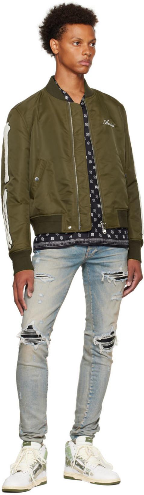 AMIRI Mx1' Ribbed Leather Knee Patch Ripped Washed Skinny Jeans In Clayindigo