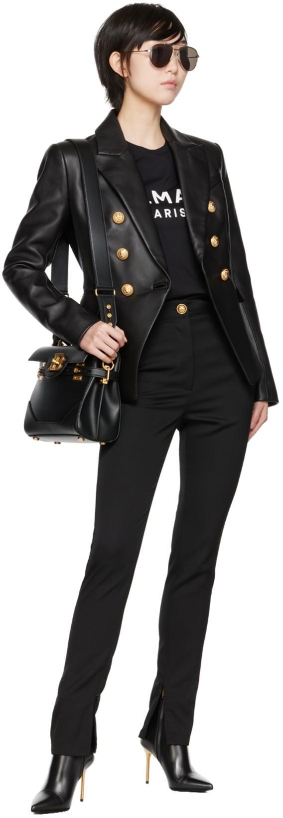 BALMAIN Black Double-breasted Jacket With Gold-colored Branded Buttons In Soft Leather Woman In Noir