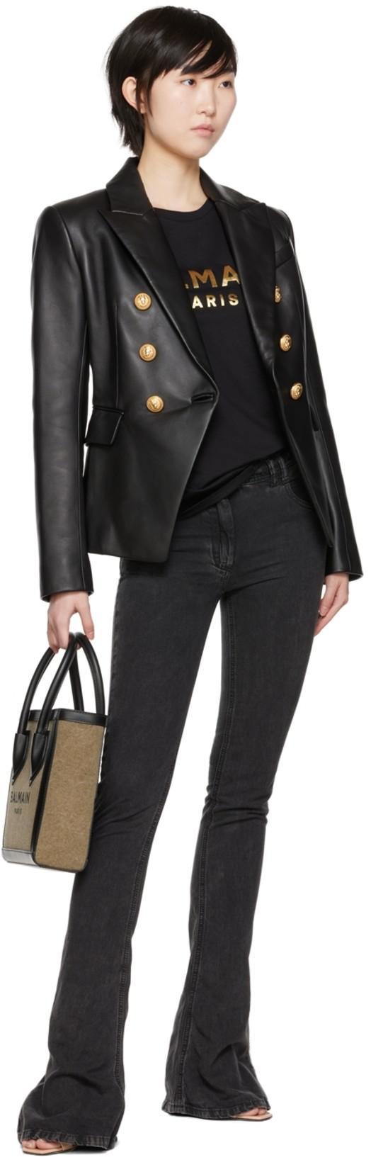 BALMAIN Black Double-breasted Jacket With Gold-colored Branded Buttons In Soft Leather Woman In Noir