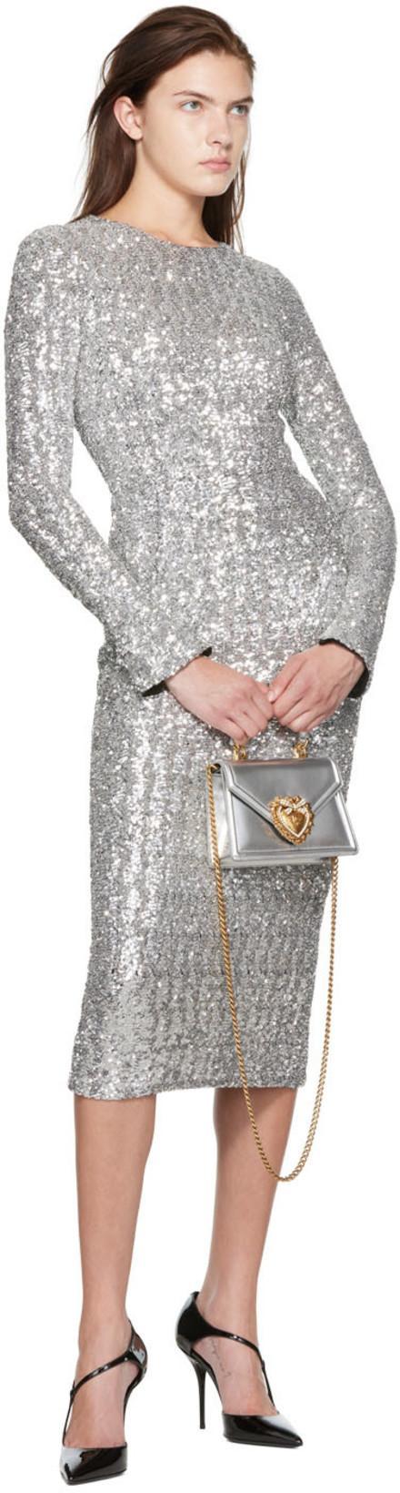 DOLCE & GABBANA Silver Sequinned Long Sleeve Midi Dress In Argento