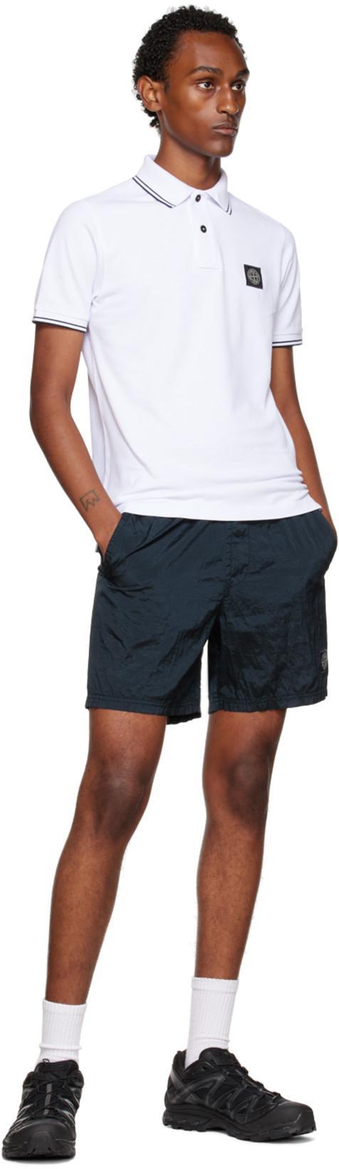 STONE ISLAND Contrasting Trim Logo Patch Cotton Blend Polo Shirt In White