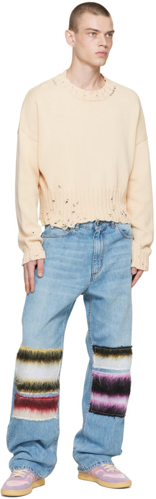 MARNI Distressed Cotton Confetti Jacquard Crewneck Sweater In 00w01 Lily White