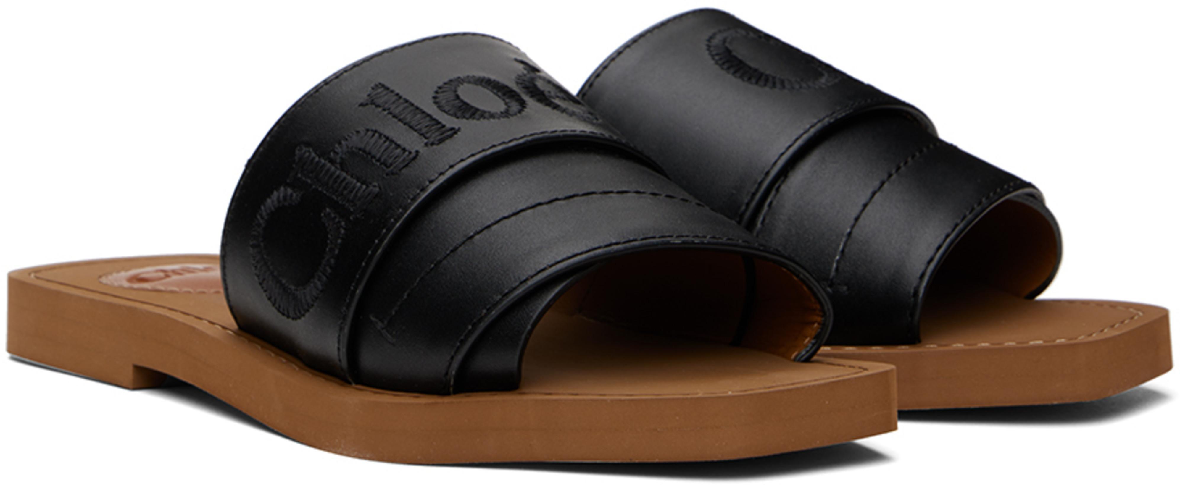 CHLOÉ Leather Flat Mules With Square Toe And Embroidered Logo In Black