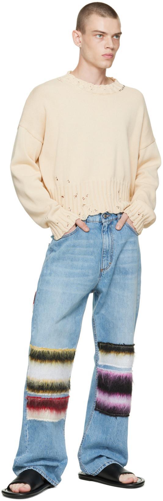 MARNI Distressed Cotton Confetti Jacquard Crewneck Sweater In 00w01 Lily White