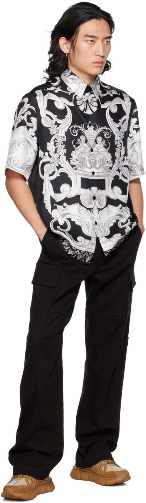 VERSACE Informal Shirt In Silk With Silver Baroque Print In Black