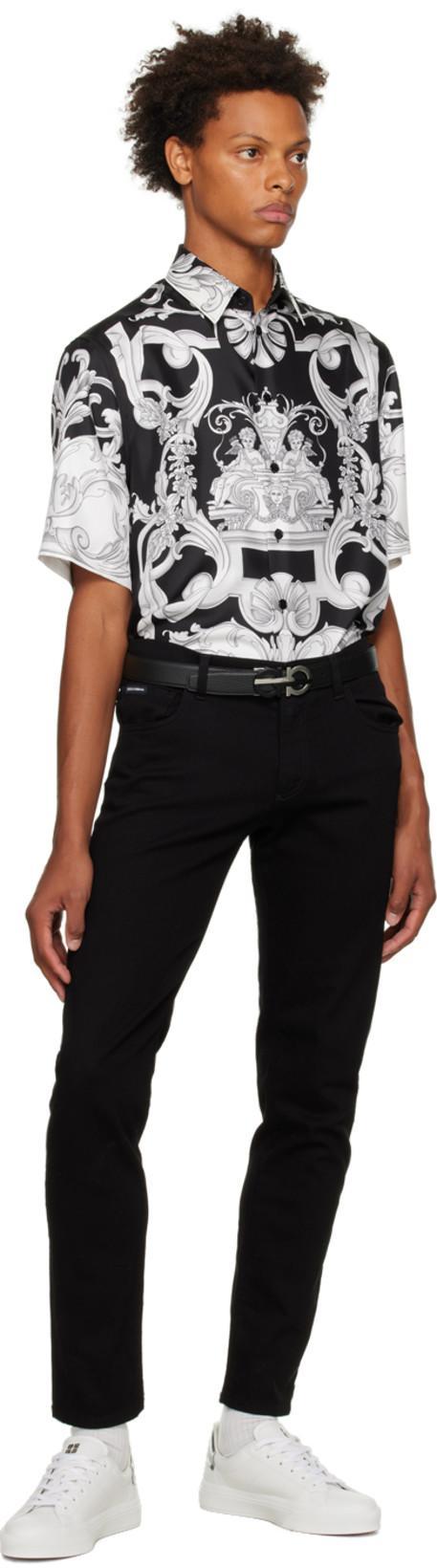 VERSACE Informal Shirt In Silk With Silver Baroque Print In Black