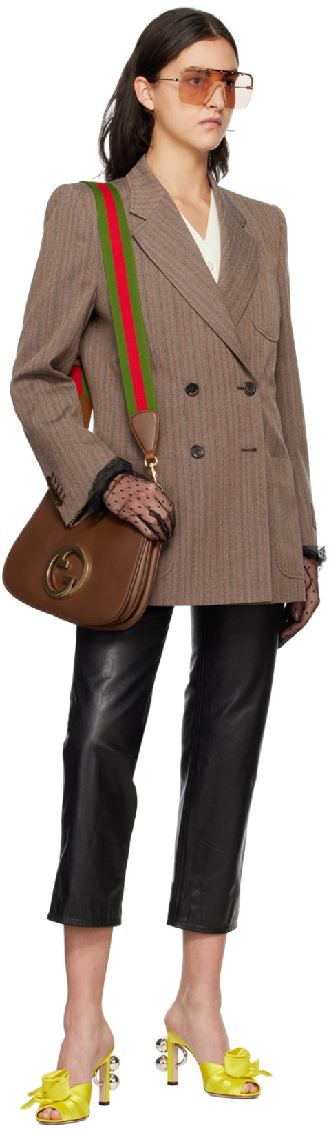 GUCCI Double Breasted Herringbone Wool Coat In Brown