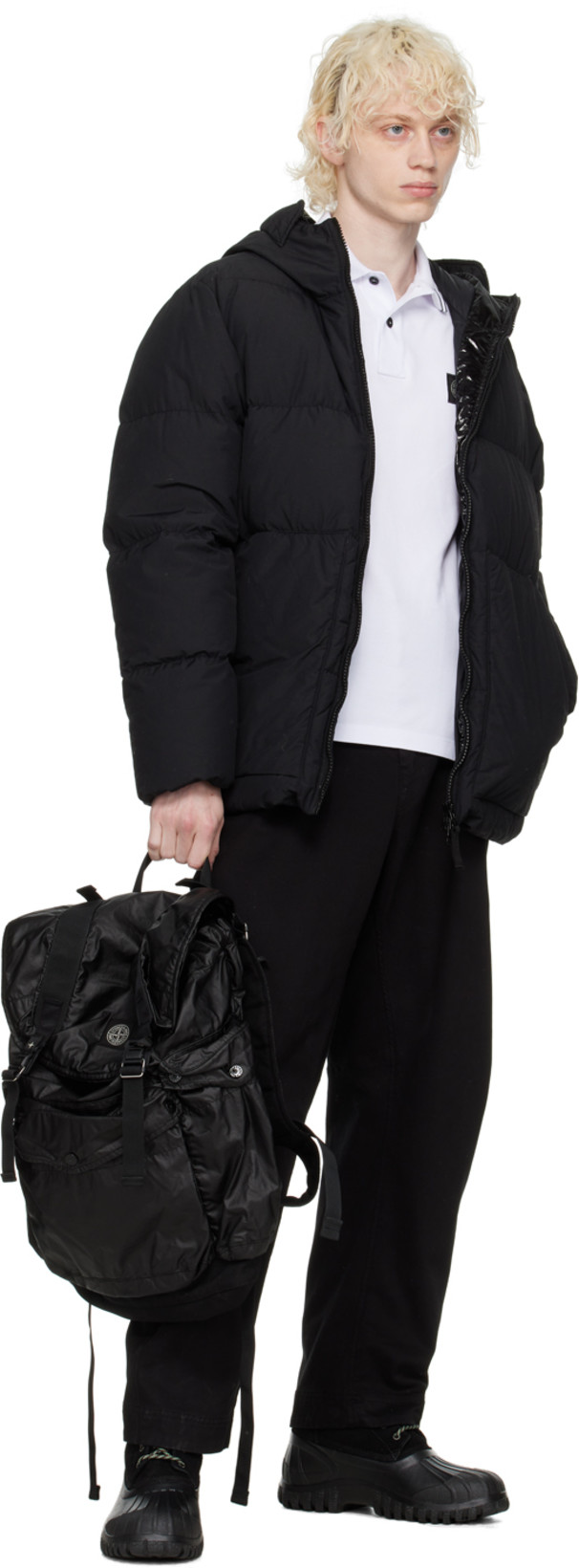 STONE ISLAND Contrasting Trim Logo Patch Cotton Blend Polo Shirt In White