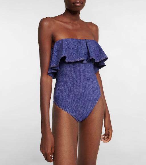 KARLA COLLETTO Off-shoulder Swimsuit In Blue Denim