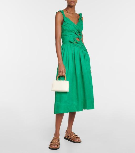 ZIMMERMANN Tiggy Bow-embellished Linen Midi Dress In Verde