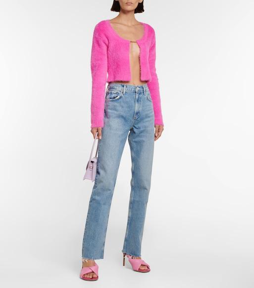 JACQUEMUS Gold Toned Logo Charm Cropped Cardigan In Pink