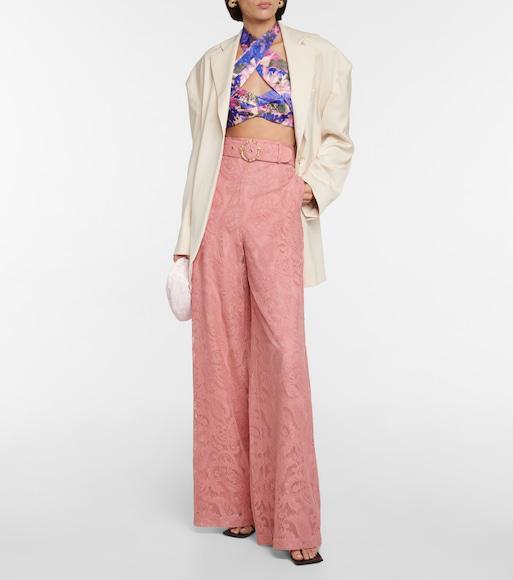 ZIMMERMANN High Tide Floral Silk Halterneck Crop Top In Purple Ikat Floral