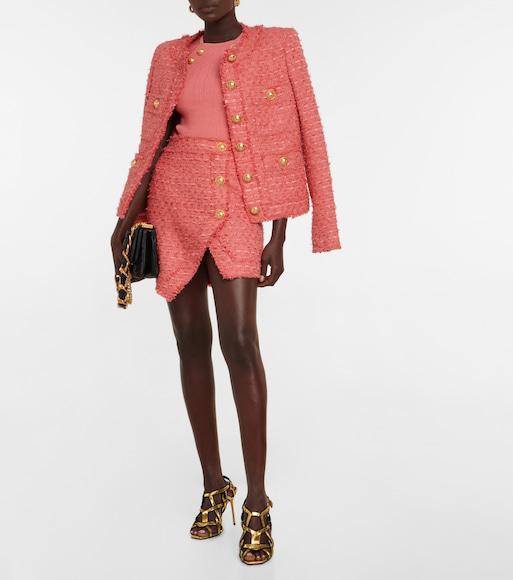 BALMAIN Tweed Miniskirt With Logoed Buttons In Rose Saumon